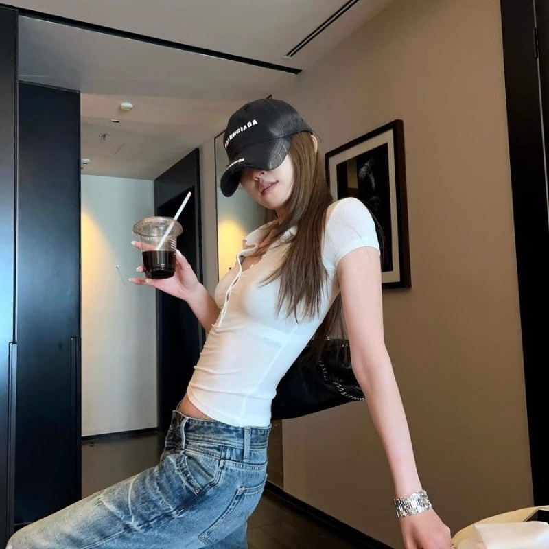 Short sleeve T-shirt pinched waist tops for women