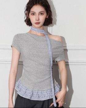 Slim lace plaid tops retro summer T-shirt for women