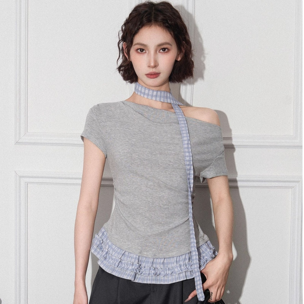 Slim lace plaid tops retro summer T-shirt for women