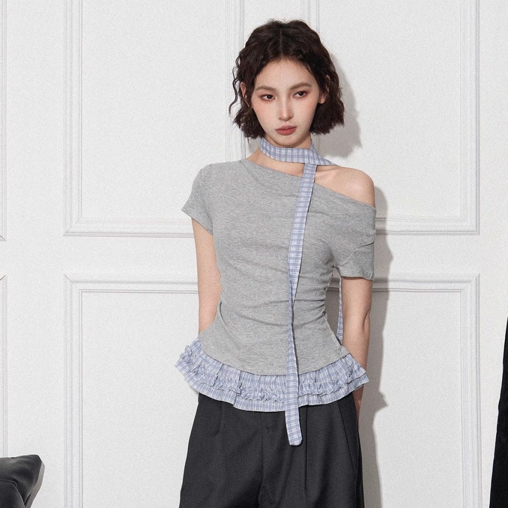 Slim lace plaid tops retro summer T-shirt for women