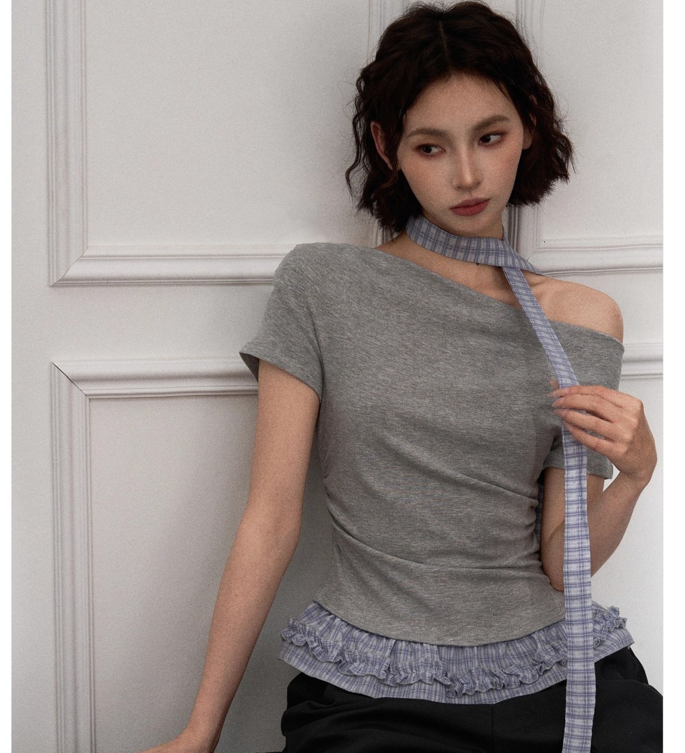Slim lace plaid tops retro summer T-shirt for women