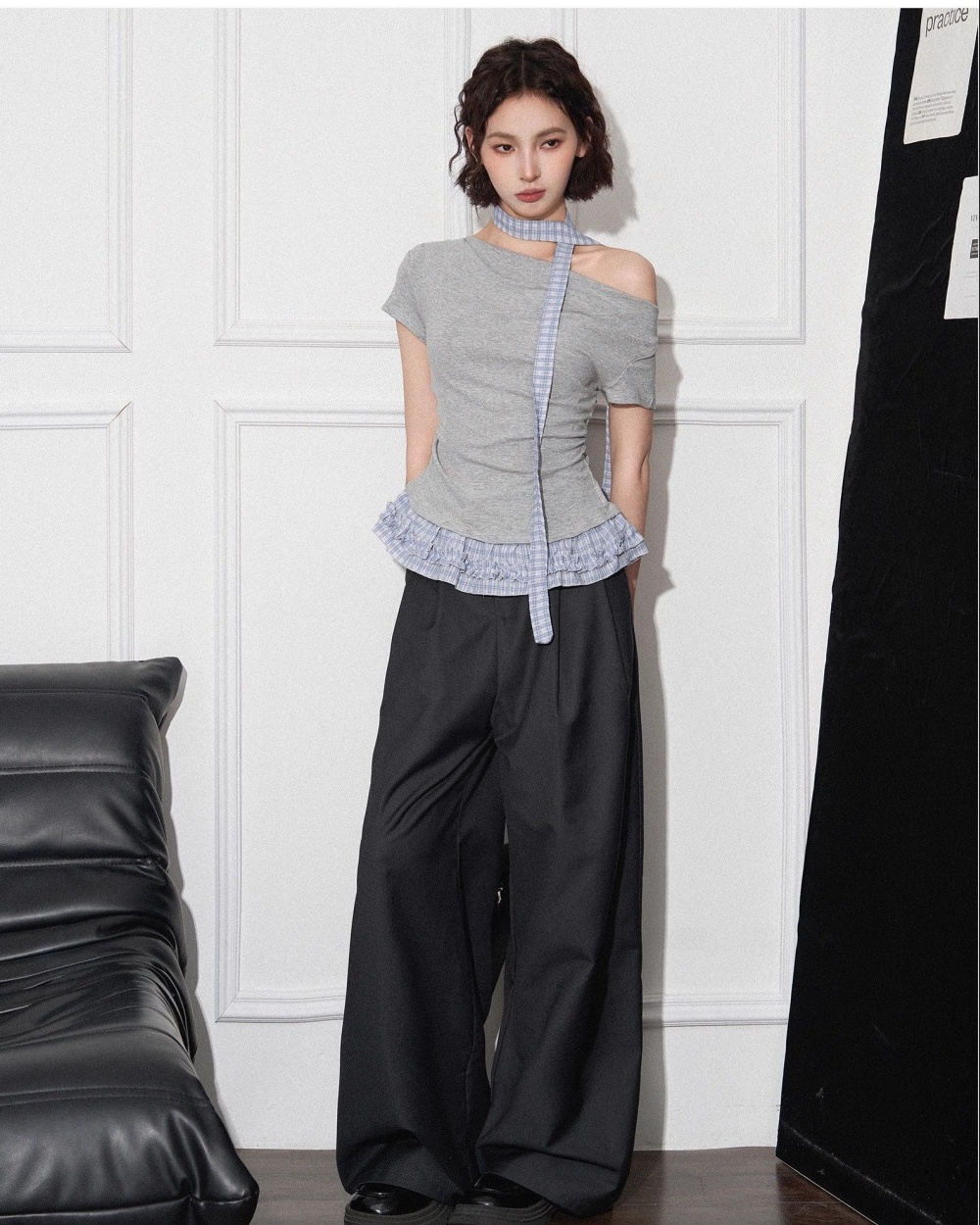 Slim lace plaid tops retro summer T-shirt for women