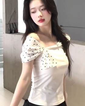 Sloping shoulder short sleeve T-shirt bow tops