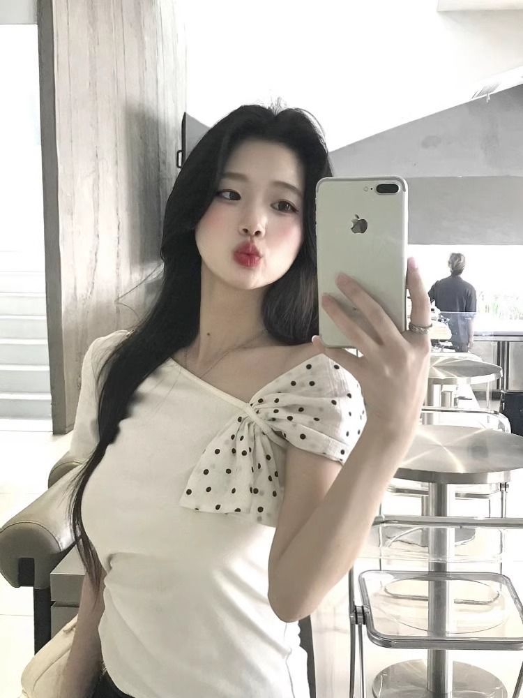 Sloping shoulder short sleeve T-shirt bow tops
