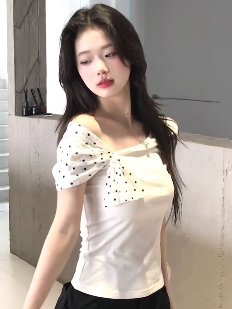Sloping shoulder short sleeve T-shirt bow tops