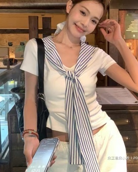 White stripe tops Pseudo-two navy collar T-shirt for women