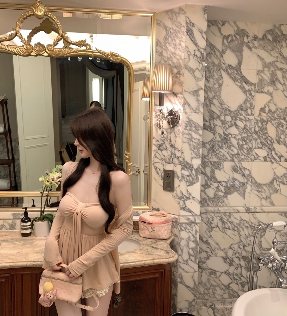 Pink enticement chest pad cardigan a set for women