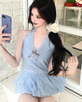 Sling blue V-neck polka dot tops slim sleeveless summer vest