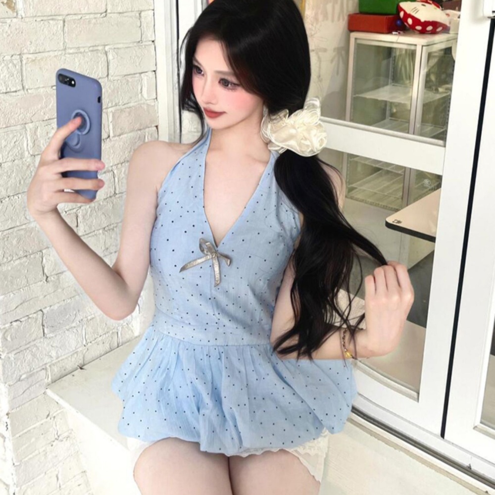 Sling blue V-neck polka dot tops slim sleeveless summer vest