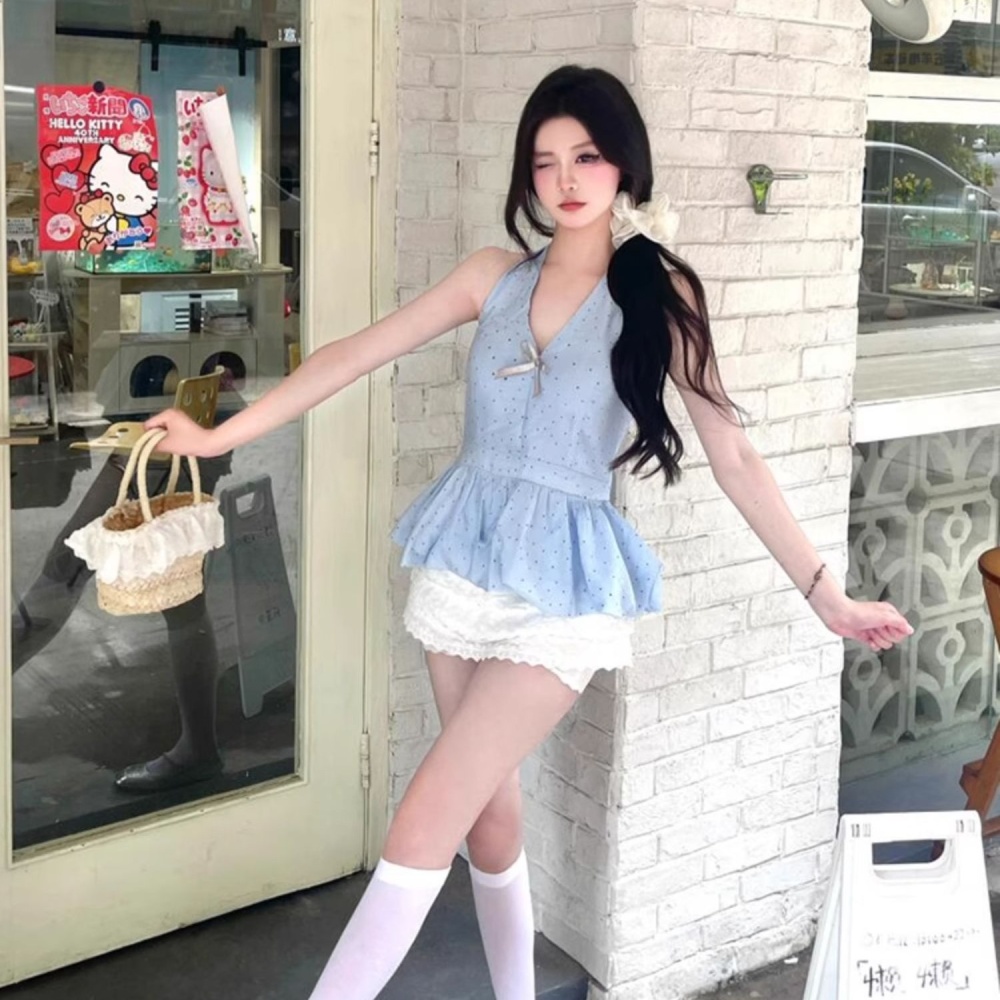 Sling blue V-neck polka dot tops slim sleeveless summer vest