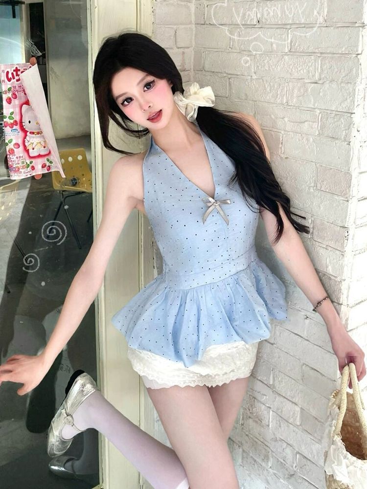 Sling blue V-neck polka dot tops slim sleeveless summer vest