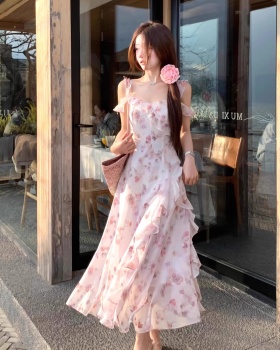 Floral durian long dress sling boats sleeve dress
