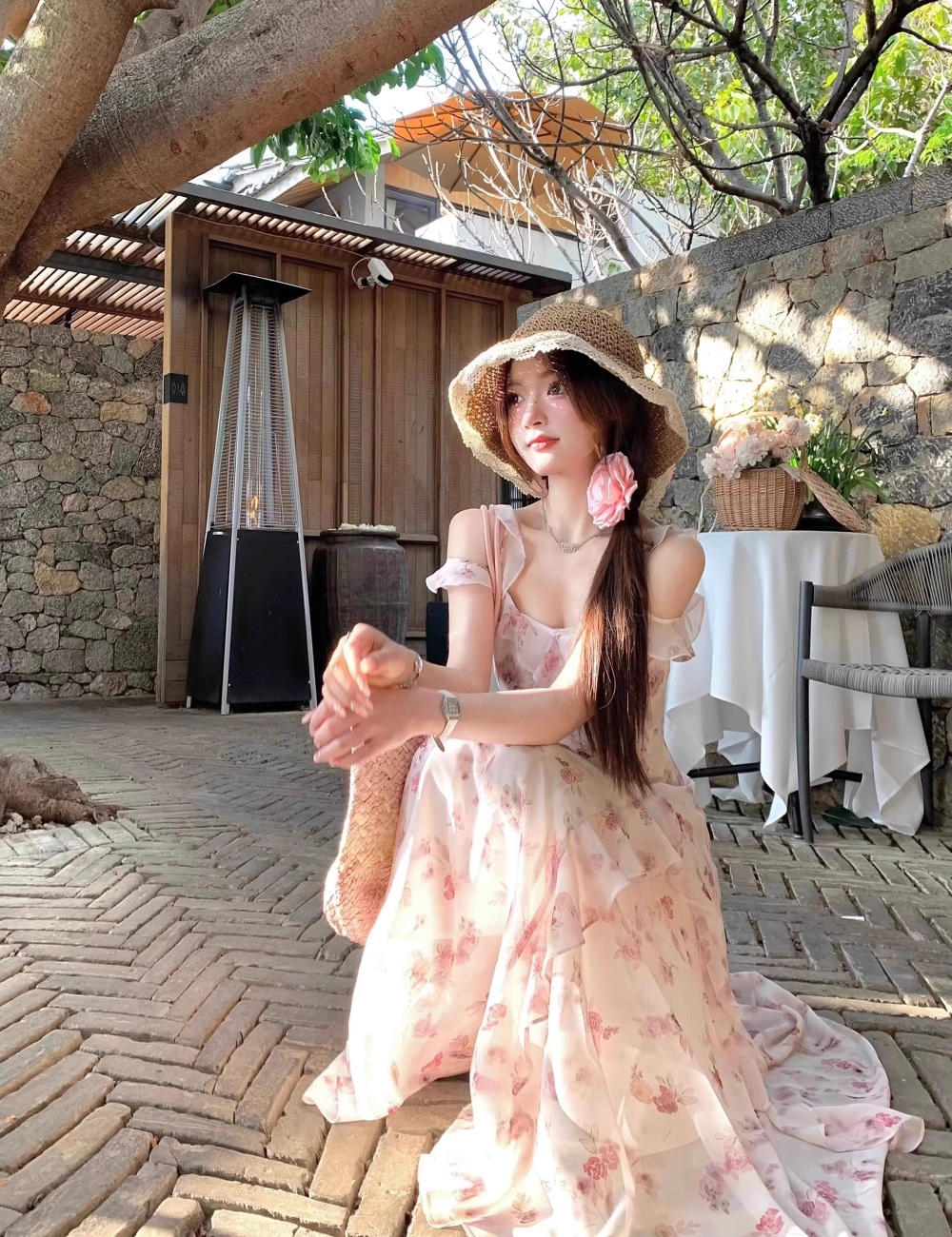 Floral durian long dress sling boats sleeve dress