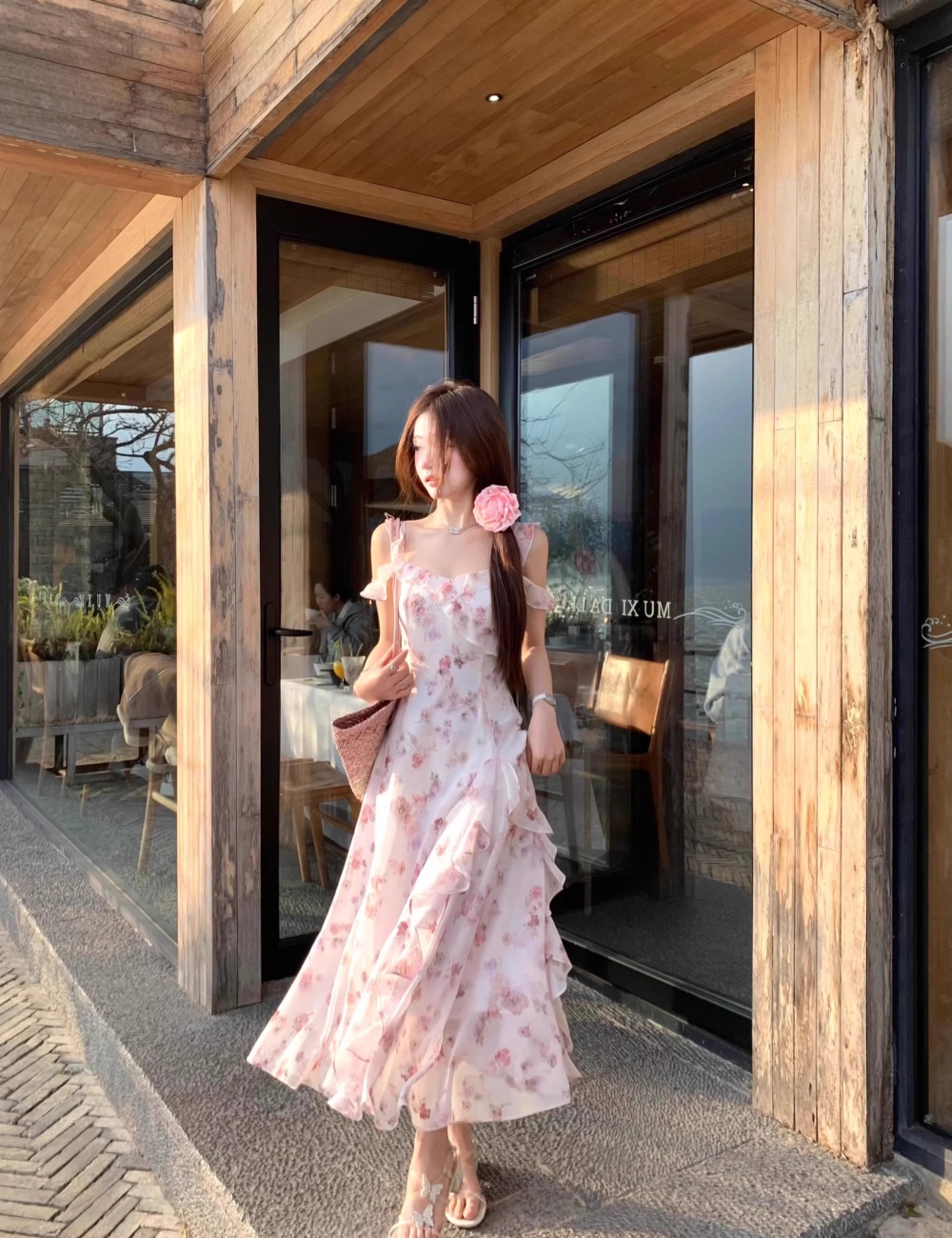 Floral durian long dress sling boats sleeve dress