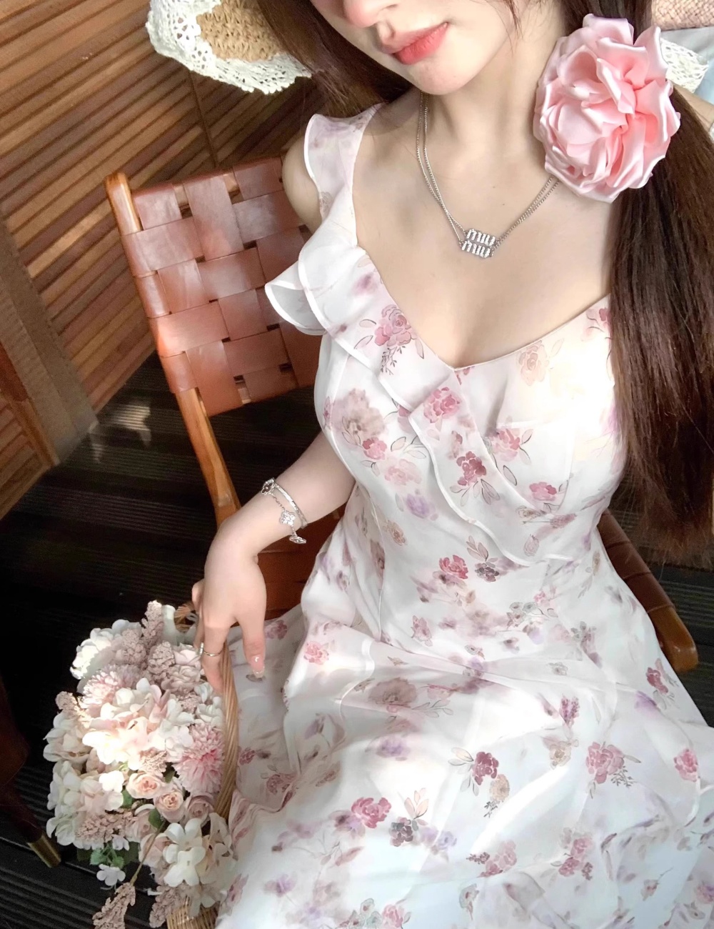 Floral durian long dress sling boats sleeve dress