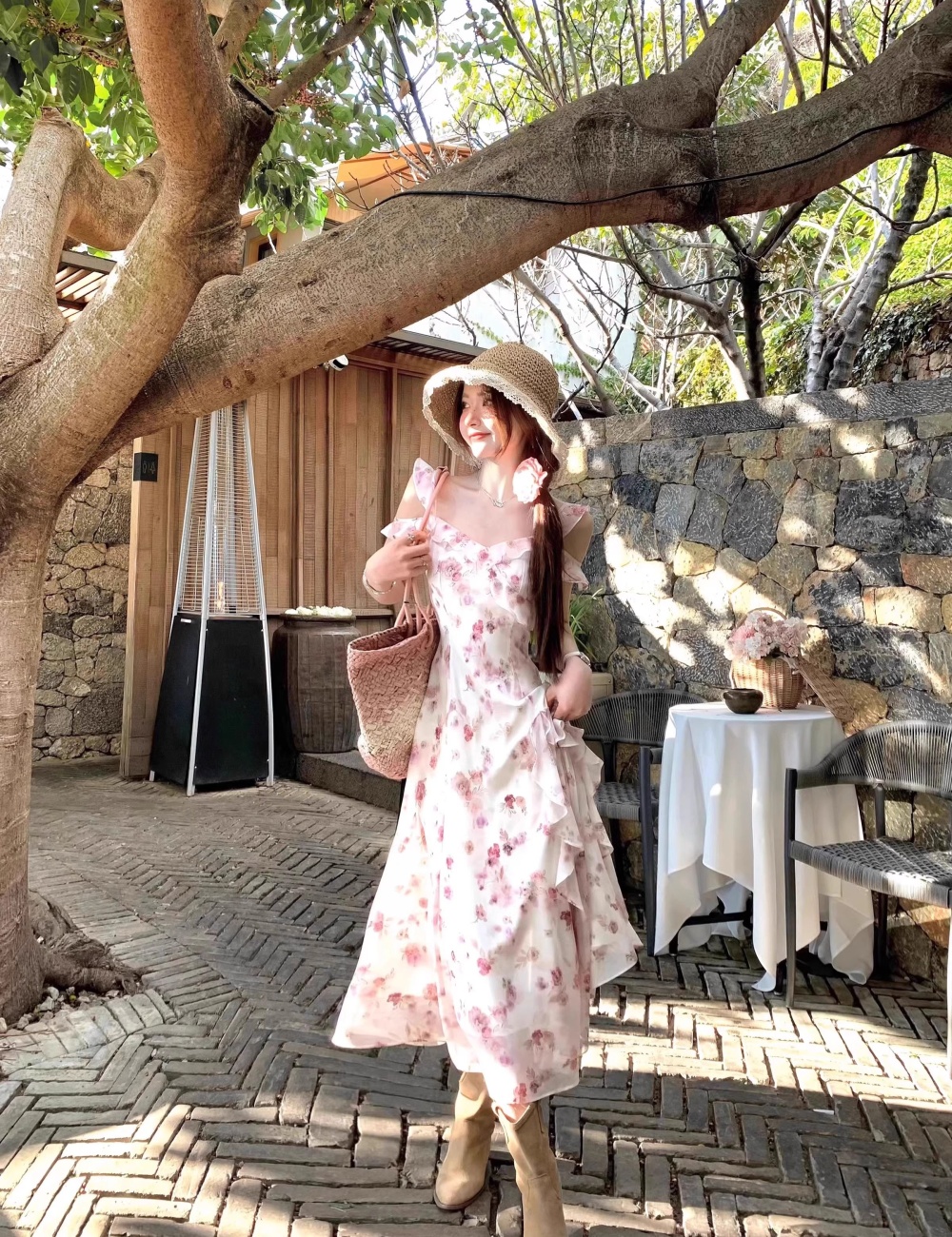 Floral durian long dress sling boats sleeve dress