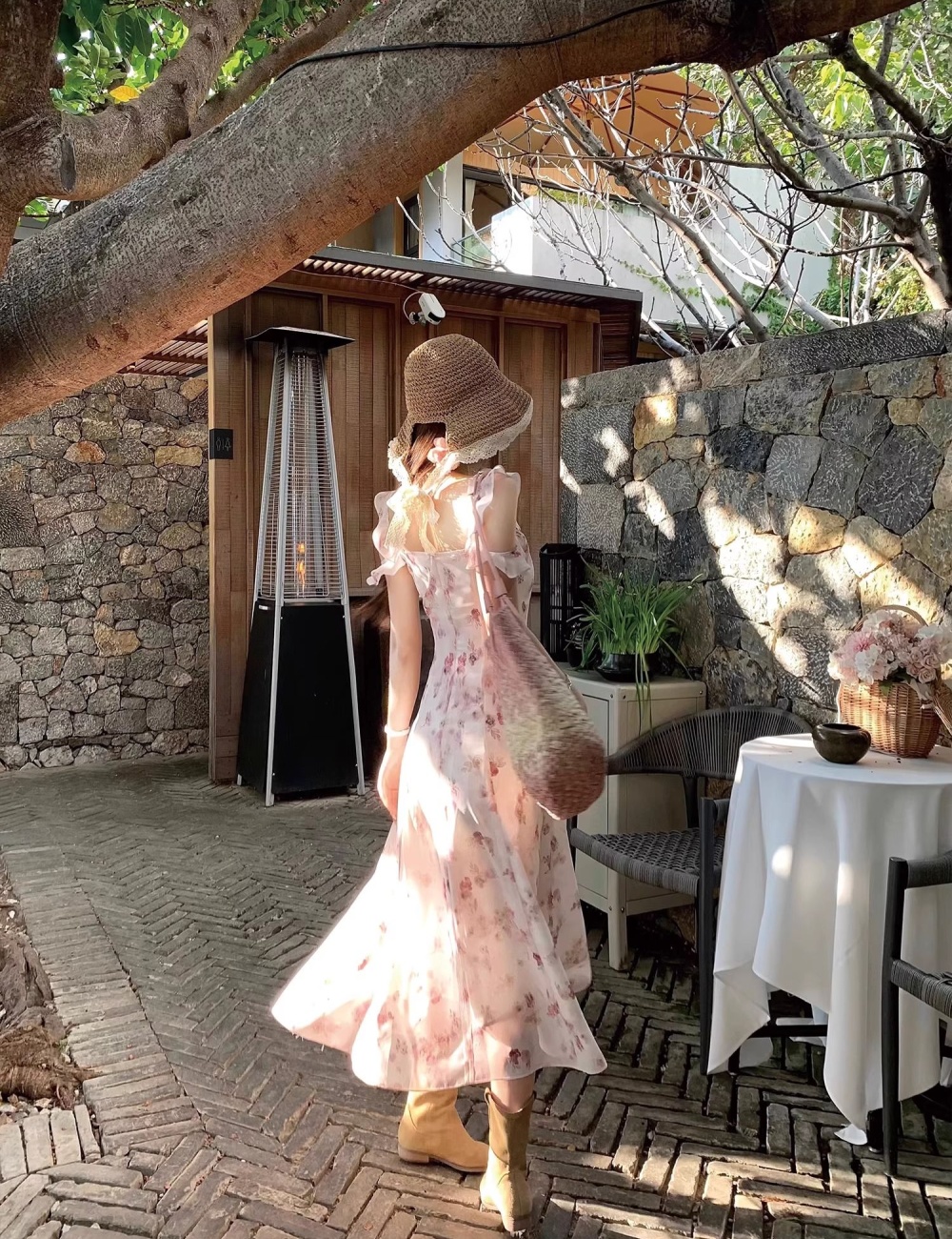 Floral durian long dress sling boats sleeve dress
