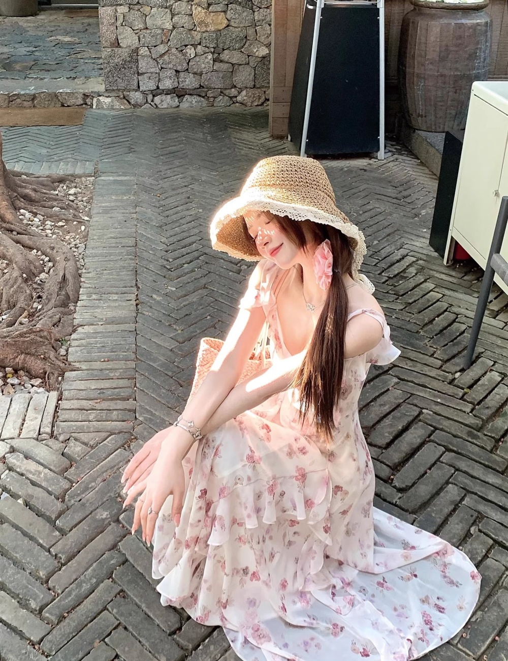 Floral durian long dress sling boats sleeve dress