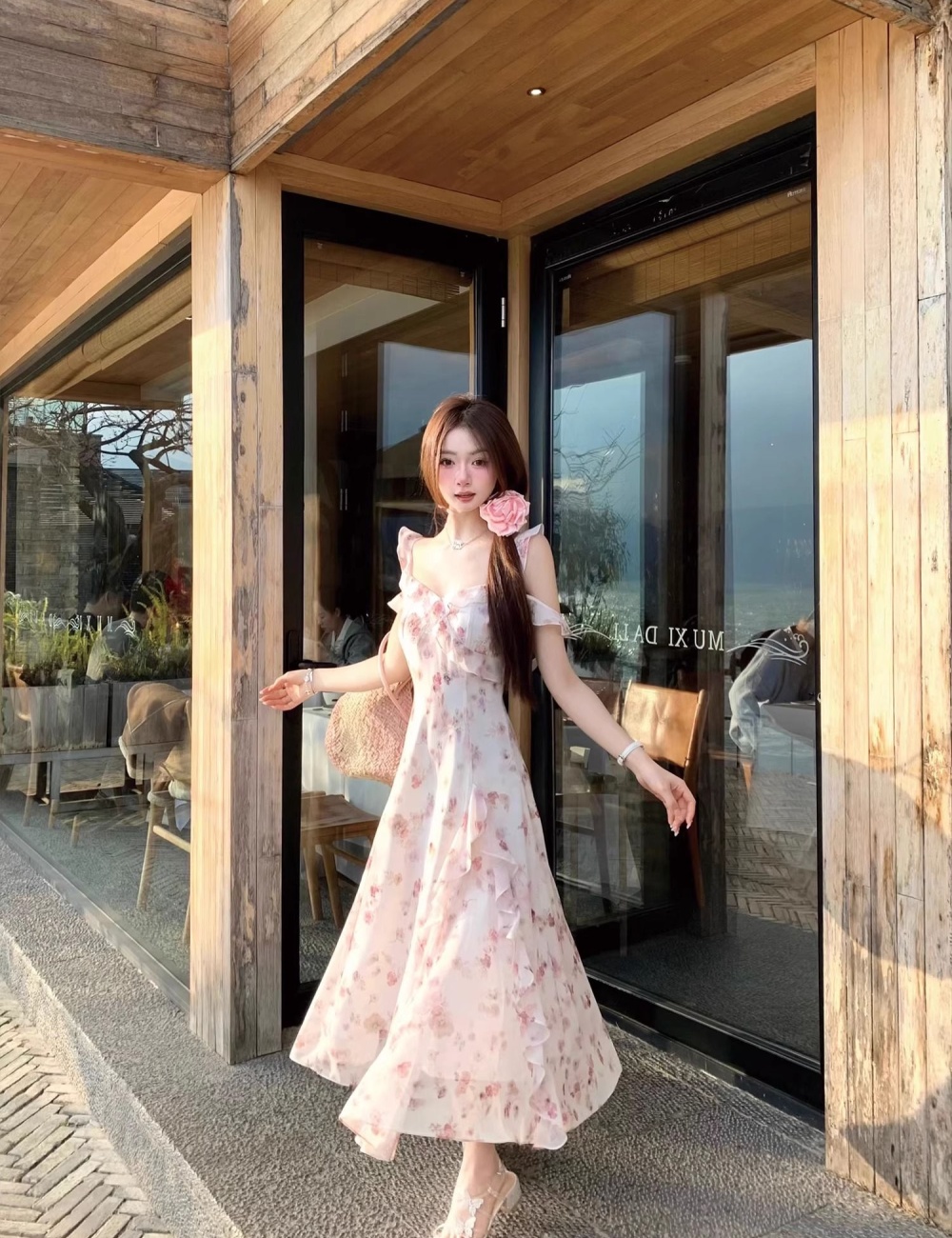 Floral durian long dress sling boats sleeve dress