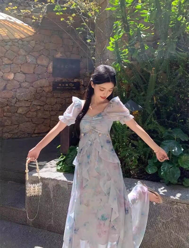 Elegant printing large yard summer dress