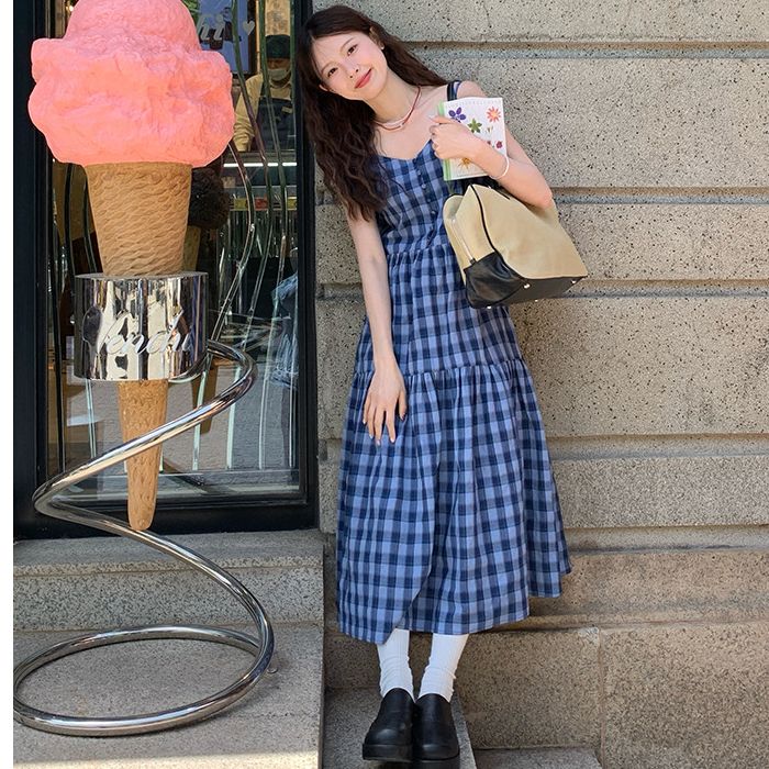 Sling show young long plaid summer maiden dress