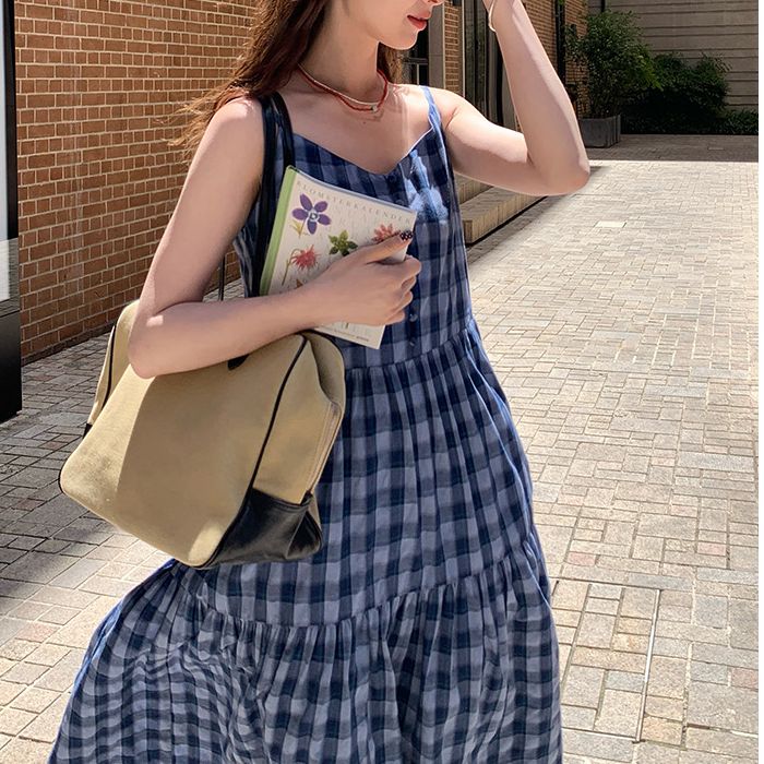 Sling show young long plaid summer maiden dress