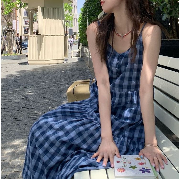 Sling show young long plaid summer maiden dress