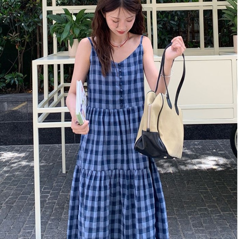 Sling show young long plaid summer maiden dress