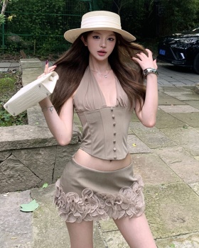 Sling khaki tops V-neck halter short skirt 2pcs set for women