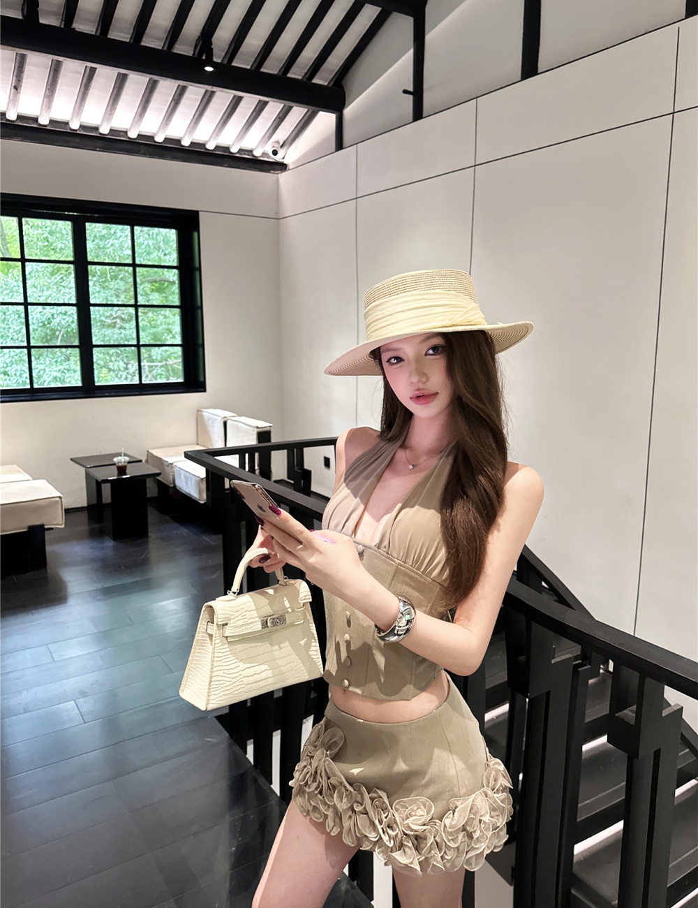 Sling khaki tops V-neck halter short skirt 2pcs set for women