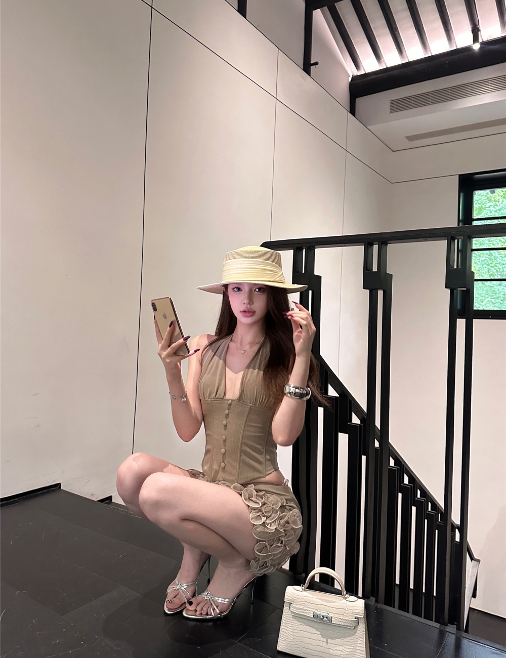 Sling khaki tops V-neck halter short skirt 2pcs set for women