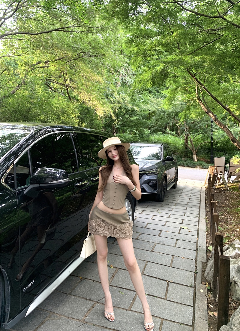 Sling khaki tops V-neck halter short skirt 2pcs set for women