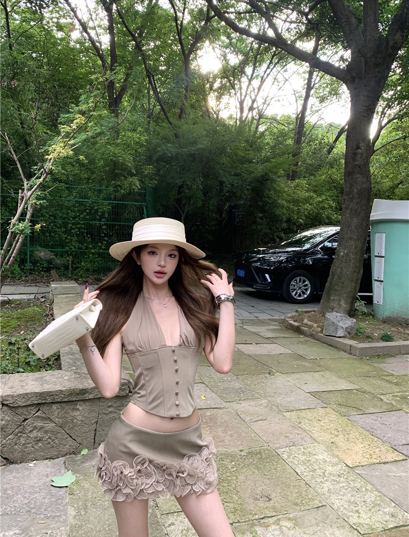 Sling khaki tops V-neck halter short skirt 2pcs set for women