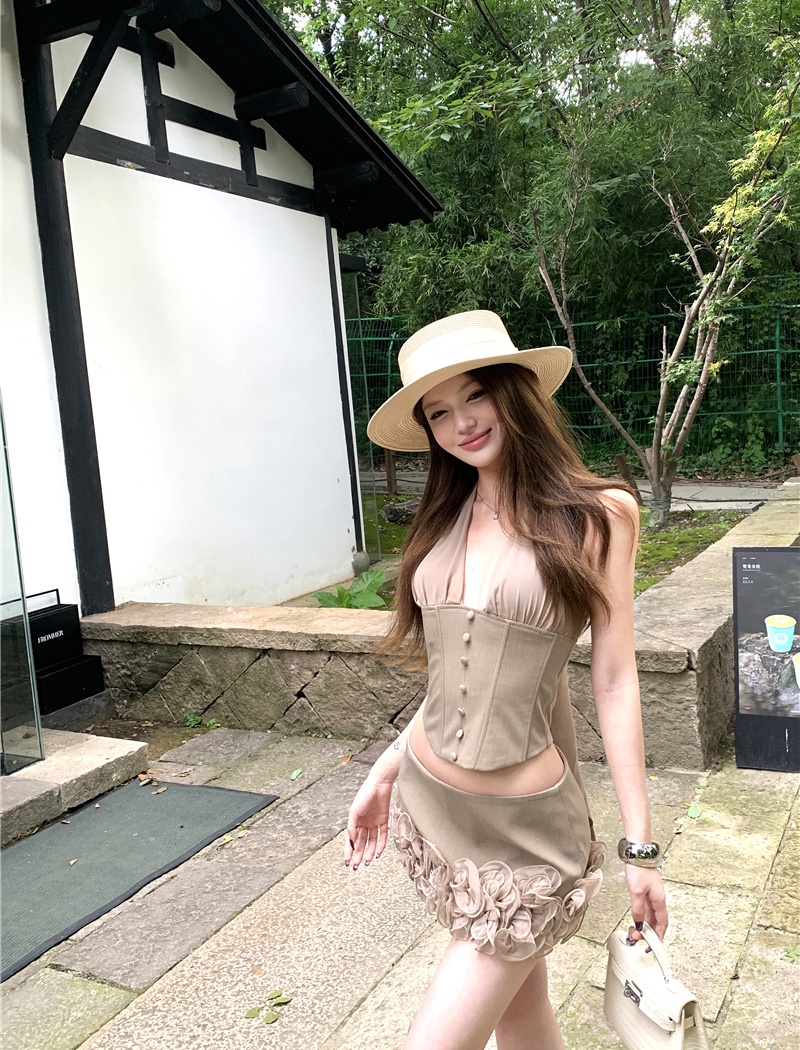 Sling khaki tops V-neck halter short skirt 2pcs set for women