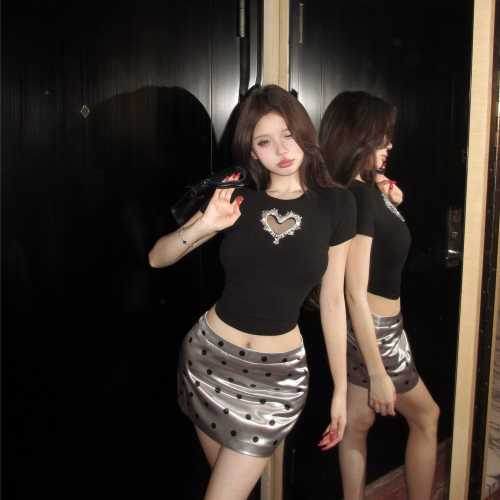 Heart short hollow T-shirt diamond slim tops