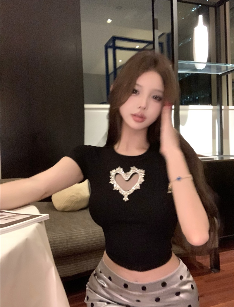 Heart short hollow T-shirt diamond slim tops
