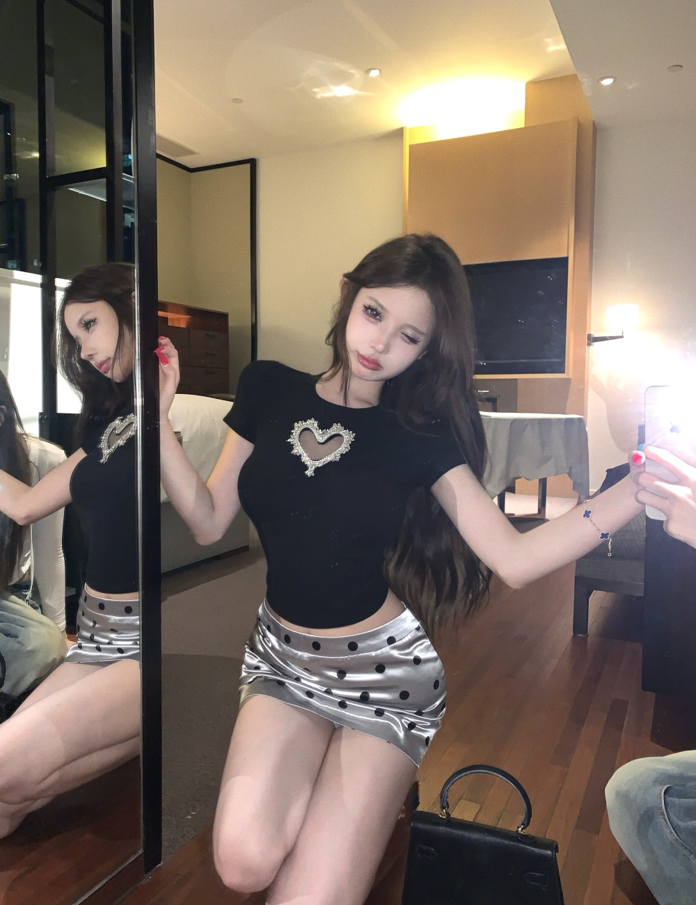 Heart short hollow T-shirt diamond slim tops