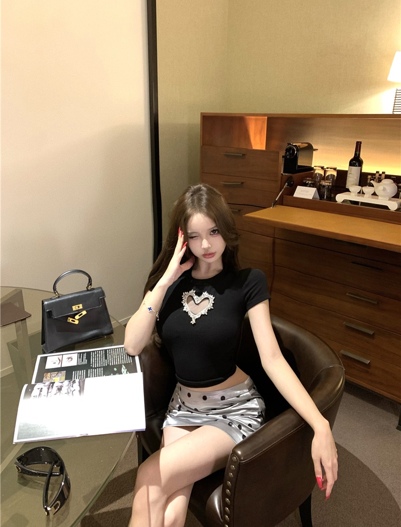 Heart short hollow T-shirt diamond slim tops