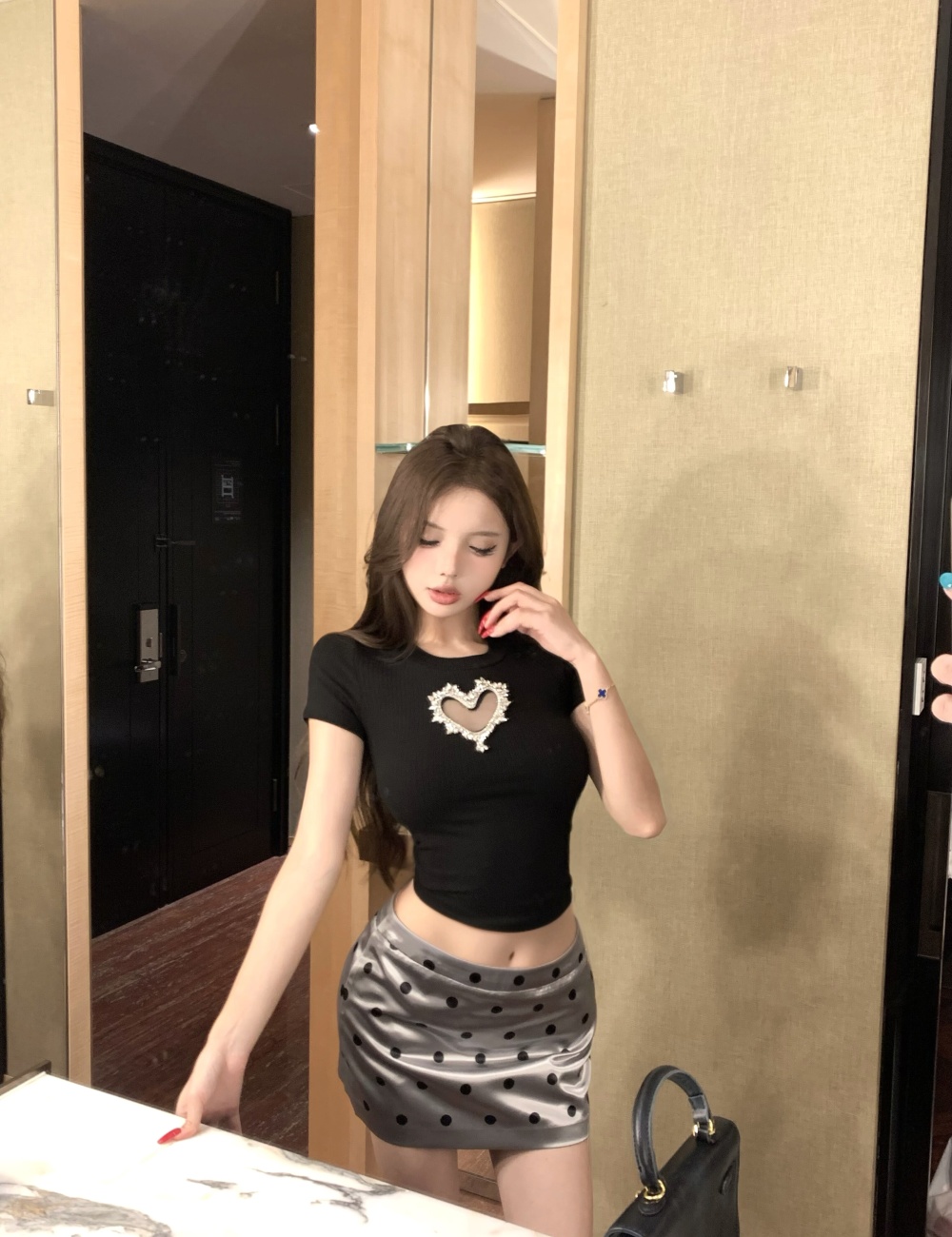 Hollow short skirt polka dot T-shirt 2pcs set for women