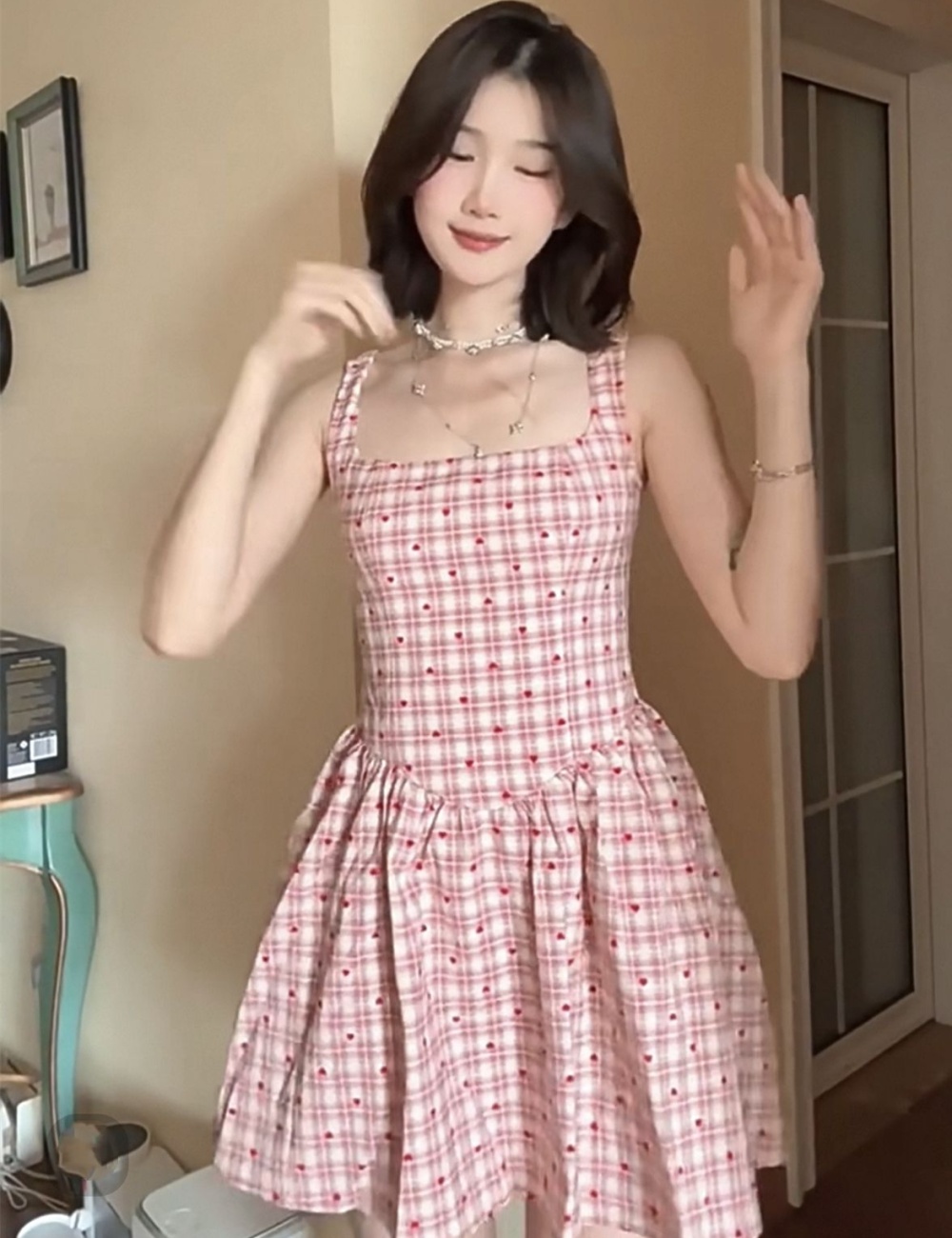 Sling summer maiden T-back polka dot pink dress for women