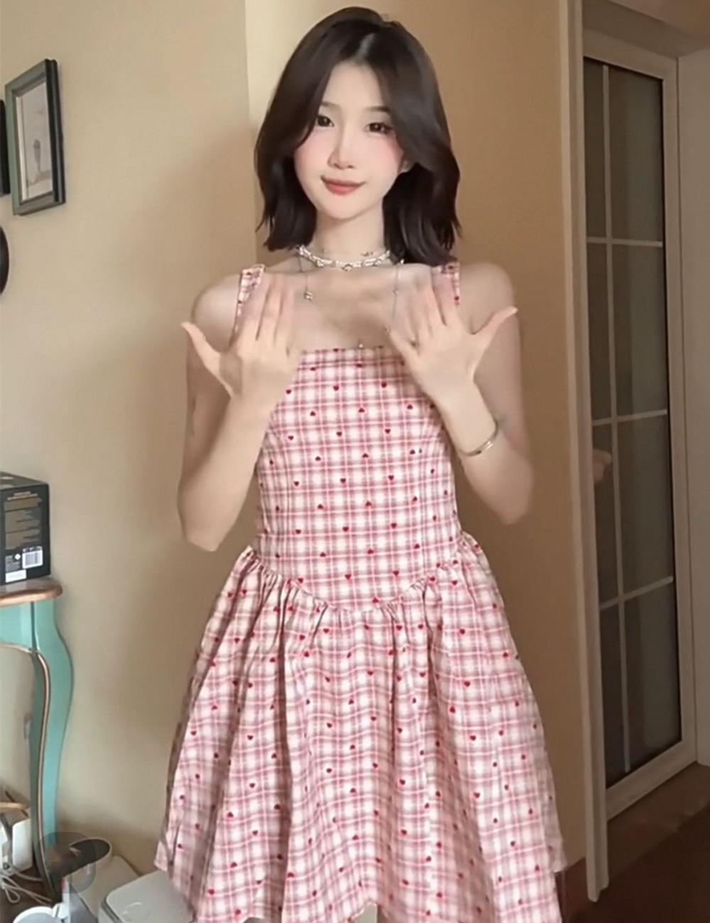 Sling summer maiden T-back polka dot pink dress for women