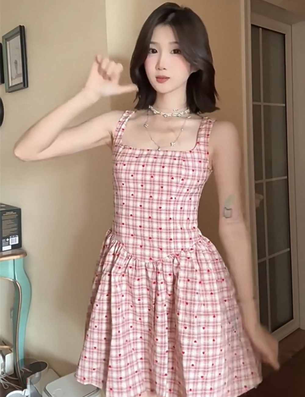Sling summer maiden T-back polka dot pink dress for women