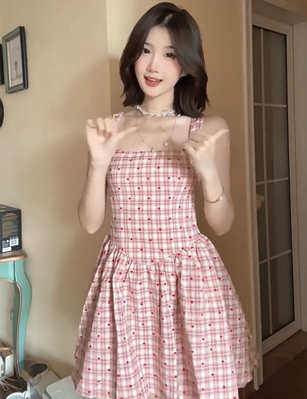 Sling summer maiden T-back polka dot pink dress for women