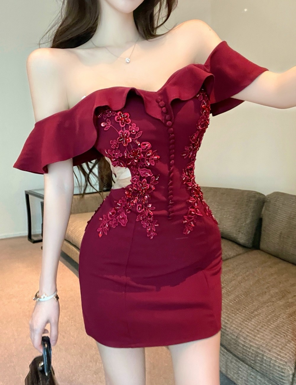 Rhinestone banquet dress temperament slim evening dress