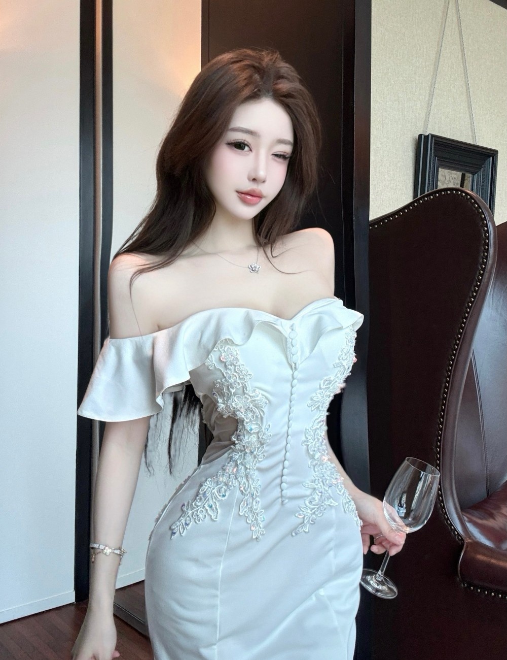 Rhinestone banquet dress temperament slim evening dress