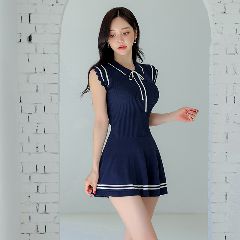 College style knitted dress mixed colors T-back for women
