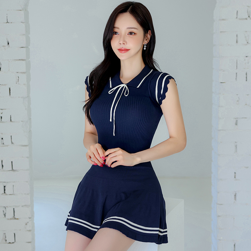 College style knitted dress mixed colors T-back for women