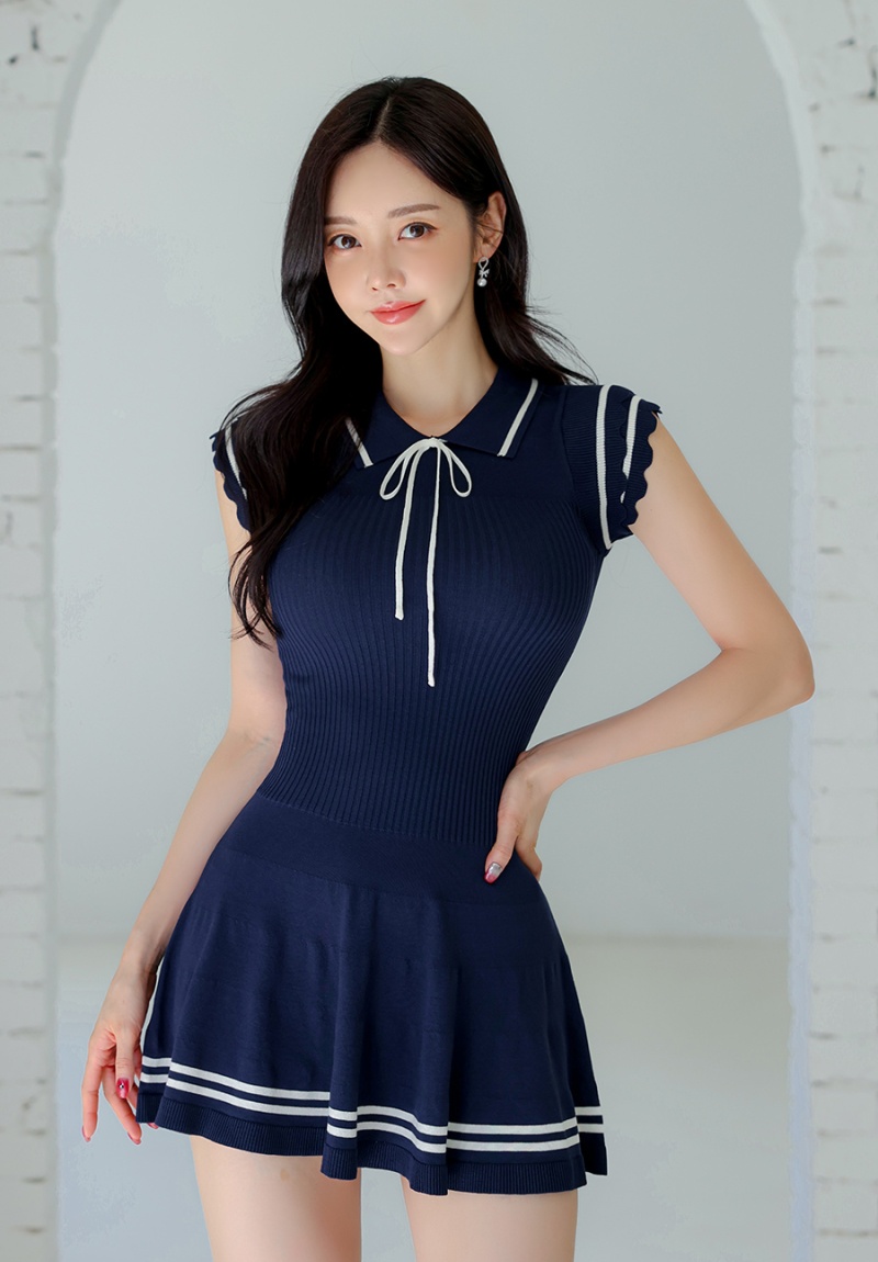 College style knitted dress mixed colors T-back for women