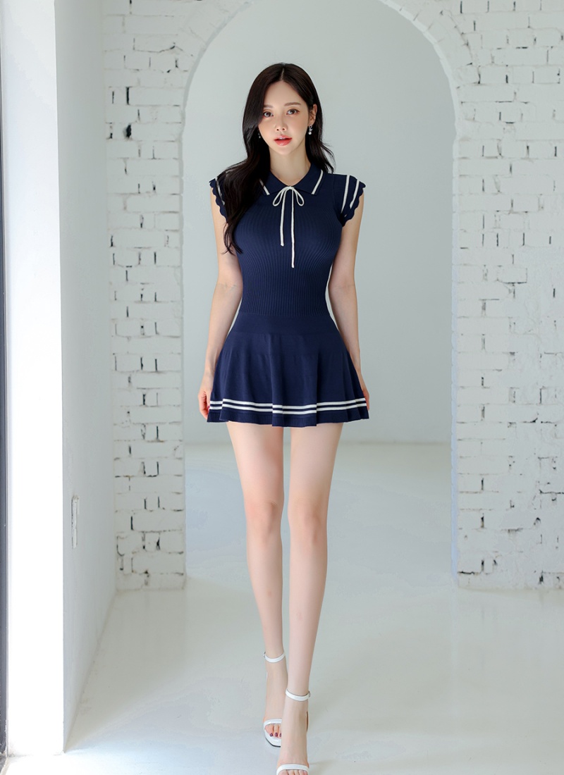 College style knitted dress mixed colors T-back for women