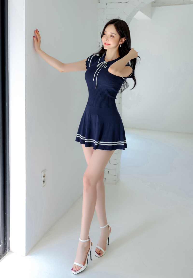 College style knitted dress mixed colors T-back for women